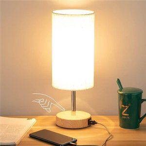Bedside Table Lamp with USB Port - Touch Control for Bedroom Wood 3 Way Dimmable
